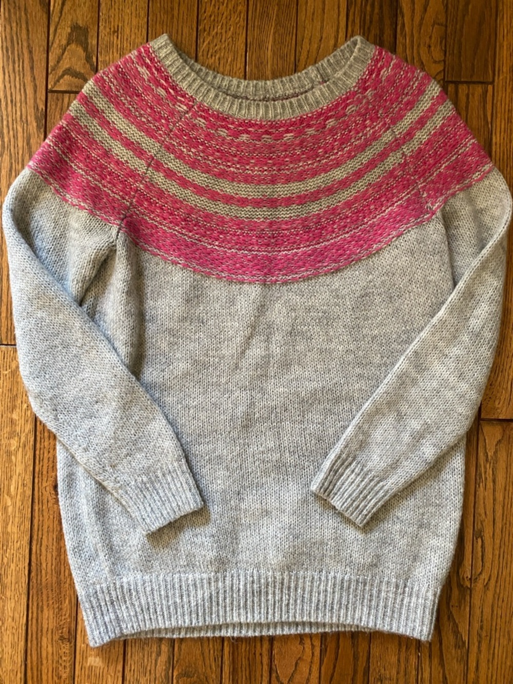 LOFT Gray Crewneck Sweater with Pink Yoke